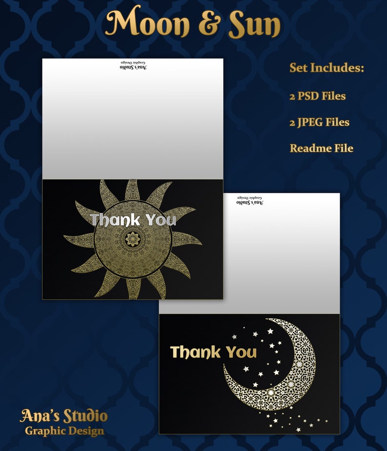 Photoshop. Moon/&Sun Printable Easy Editing Beautiful Thank You Card Templates
