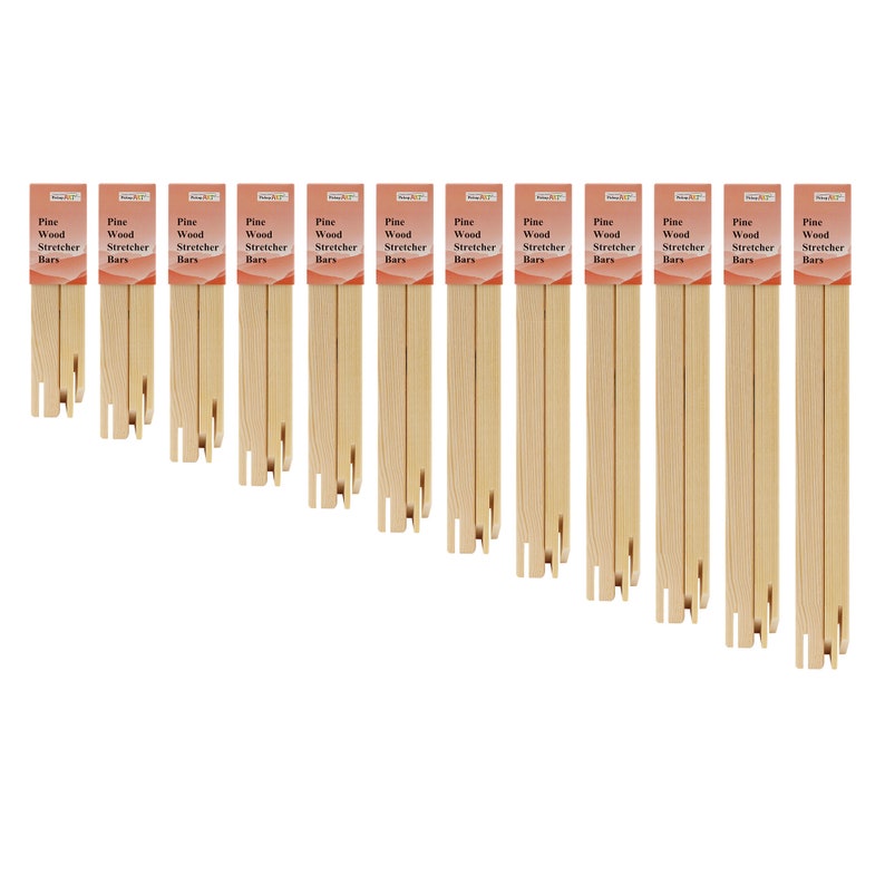 May include: A set of 14 pine wood stretcher bars, arranged in descending order of size. The bars are all natural wood color and have the text "Pine Wood Stretcher Bars" printed on each.