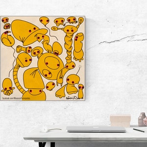 Può includere: Un'illustrazione digitale di una creatura gialla con più occhi e un corpo lungo e sottile. La creatura è circondata da altre creature gialle più piccole con gli occhi. L'illustrazione è su uno sfondo beige e include il testo "Facebook.com/MacacaoDePamelas".
