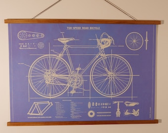 Bicycle Blueprint Vintage Poster With Magnetic Wooden Hanger Combo Horizontal Chart