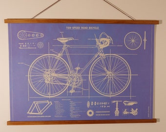 Affiche vintage de plan de bicyclette avec tableau horizontal magnétique de suspension en bois