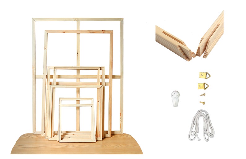 May include: Set of five wooden canvas frames in various sizes, with a white background. The frames are made of natural wood and have a smooth finish. The set includes hardware for hanging, such as D-rings, screws, and a sawtooth hanger.