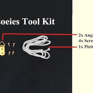 May include: A white picture wire, two gold angle drive hooks, and four screws are laid out on a black surface. The text "Accessories Tool Kit" is at the top of the image. The text "2x Angle Drive Hooks", "4x Screws", and "1x Picture Wire" is on the right side of the image.
