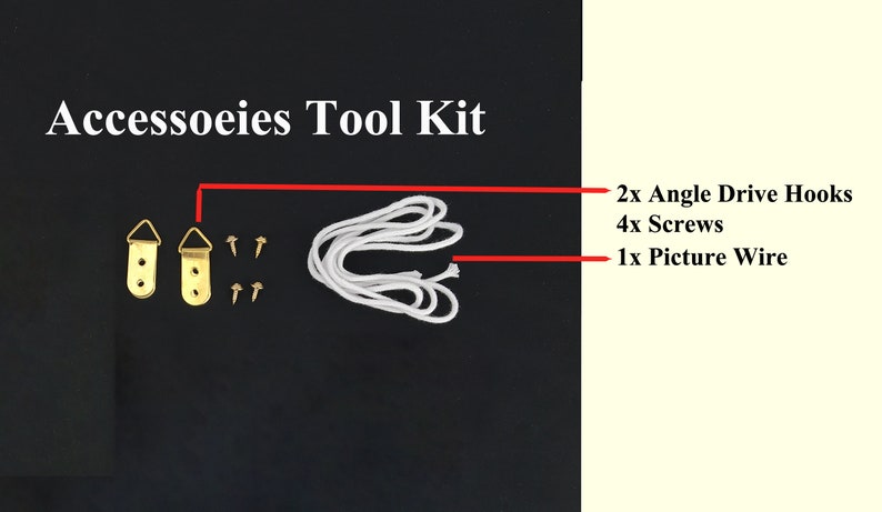 May include: A white picture wire, two gold angle drive hooks, and four screws are laid out on a black surface. The text "Accessories Tool Kit" is at the top of the image. The text "2x Angle Drive Hooks", "4x Screws", and "1x Picture Wire" is on the right side of the image.