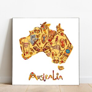 Gerahmte AUSTRALIEN ANIMAL KARTE - Australische Tiere Druck, Kinderzimmer Karte Wandkunst, Australien Karte für Kinder.