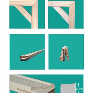 May include: Close-up of a wooden frame for a canvas. The frame is made of pine wood and has a 30 mm x 25 mm profile. The frame is assembled with mitered corners and has a visible nail head.