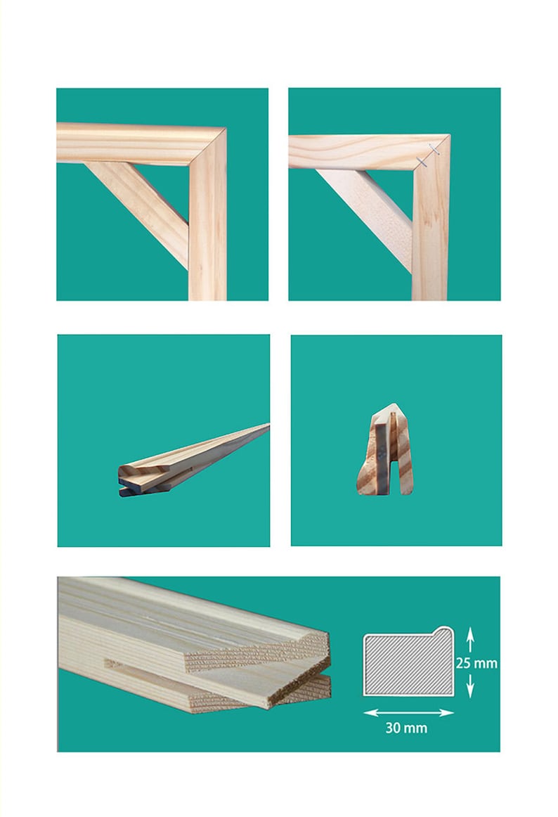 May include: Close-up of a wooden frame for a canvas. The frame is made of pine wood and has a 30 mm x 25 mm profile. The frame is assembled with mitered corners and has a visible nail head.