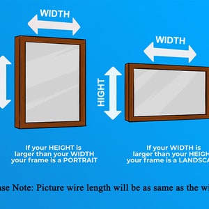 May include: Diagram showing how to determine if a picture frame is a portrait or landscape orientation. The diagram shows two frames, one with the height larger than the width, labeled "portrait", and the other with the width larger than the height, labeled "landscape". The text also states that the picture wire length will be the same as the width.