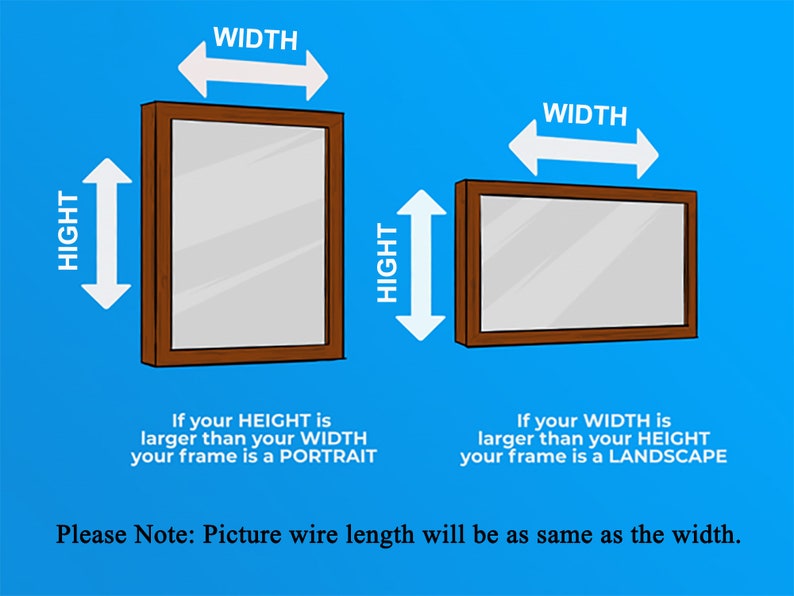 May include: Diagram showing how to determine if a picture frame is a portrait or landscape orientation. The diagram shows two frames, one with the height larger than the width, labeled "portrait", and the other with the width larger than the height, labeled "landscape". The text also states that the picture wire length will be the same as the width.