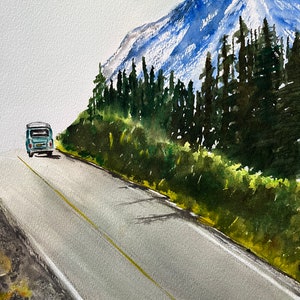 Camper sull'autostrada di montagna dipinto ad acquerello originale