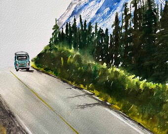 May include: A watercolor painting of a blue van driving on a paved road with a yellow dividing line. The road leads to a mountain with a snowy peak and a forest of dark green trees.