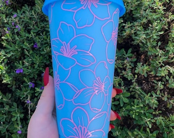 Pink Floral Blue Decorated Cold Cup