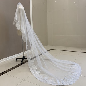 Voile de mariée cathédrale en dentelle pailletée Voile de mariée en dentelle blanc ou ivoire Voile de mariée un étage voile de mariée longueur cathédrale sans peigne