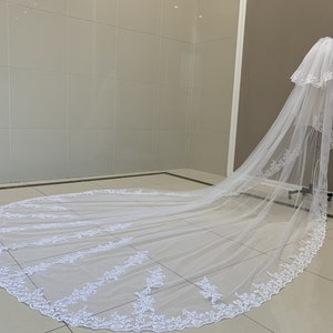 White/Ivory Two-Tier Wedding Veil Regal Veil Lace Applique Bridal Veil Cathedral Long Lace Wedding Veil Bridal Accessories