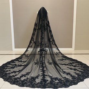 Black Cathedral Bridal Veil, Gorgeous Bridal Veil, One Layer Wedding Veil, Soft Tulle Veil, Lace Cathedral Veil, Long Bridal Lace Veil