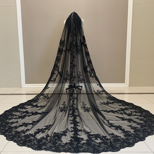 Black Cathedral Bridal Veil, Gorgeous Bridal Veil, One Layer Wedding Veil, Soft Tulle Veil, Lace Cathedral Veil, Long Bridal Lace Veil