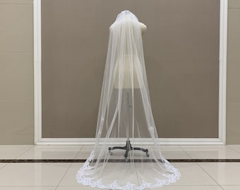 White/Ivory Lace Bridal Veil One Layer Tulle Veil Floor Length Lace Edge Veil Lace Wedding Veil Bridal Accessory With Comb