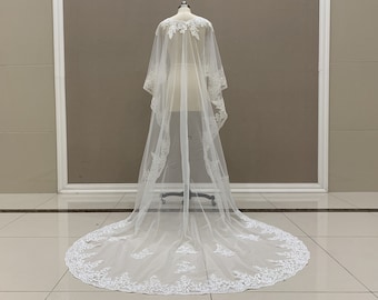 Wedding Lace Shawl Cathedral Lace Applique Wrap Cape Elegant White/Ivory Lace Bridal Shawl Jacket Wedding Shawl Veil