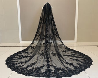 Black Cathedral Bridal Veil, Gorgeous Bridal Veil, One Layer Wedding Veil, Soft Tulle Veil, Lace Cathedral Veil, Long Bridal Lace Veil