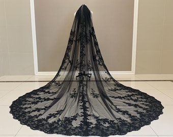 Black Cathedral Bridal Veil, Gorgeous Bridal Veil, One Layer Wedding Veil, Soft Tulle Veil, Lace Cathedral Veil, Long Bridal Lace Veil