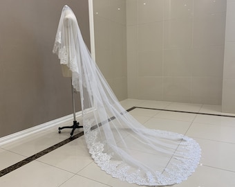 Sequin Lace Cathedral Wedding Veil White or Ivory Veil Lace Bridal Veil One Tier Bridal Veil Cathedral Length Wedding Veil No Comb