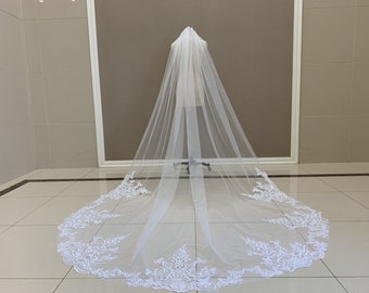 Wedding Lace Veil Single Layer White Or Ivory Bridal Veil Long Cathedral Lace Applique Wedding Veil