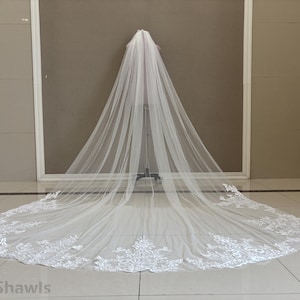 Voile de mariage, dentelle cathédrale appliquée sur voile blanc, voile de mariée simple épaisseur en dentelle ivoire, accessoires de mariage