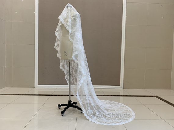 New White/Ivory/Black Lace Veil, Vintage Cathedral Wedding Lace Veil, Beautiful Bridal Single Layer Lace Veil