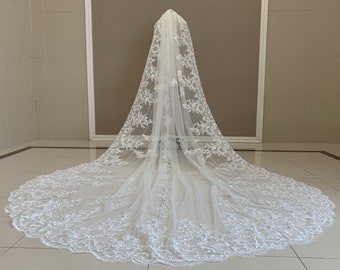 Lace Cathedral Wedding Veil One Tier Sequined Lace Veil Luxury Wedding Lace Veil White/Ivory Tulle Bridal Veil With Comb