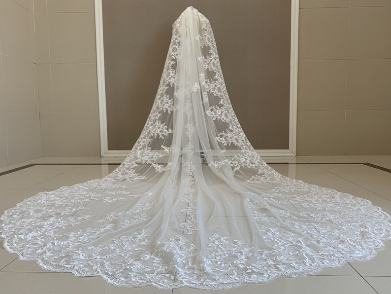 Lace Cathedral Wedding Veil One Tier Sequined Lace Veil Luxury - Etsy