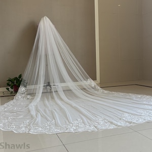 Gorgeous Cathedral Sequin Lace Wedding Veil, Single Layer Ivory Bridal Veil, Romantic Wedding White Veil with Lace