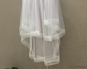 Elegant Bridal Ivory Ribbon Trim Veil, Two Layer Short White Transparent Ribbon Wedding Veil, Bridal Headpiece