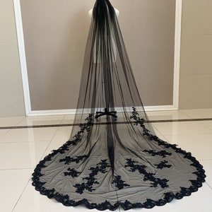 Wedding Lace Veil Cathedral Black Lace Applique Bridal Veil One Layer Soft Tulle Veil Black Lace Edge Wedding Veil