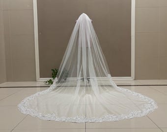 White Ivory Wedding Sequined Lace Veil, Cathedral Lace One Tier Bridal Veils