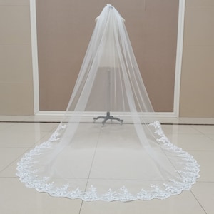 Cathedral Wedding Veil White or Ivory Lace Bridal Veil Romantic Wedding Lace Veil One Tier Tulle Veil