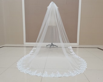Velo de novia estilo catedral Velo de novia de encaje blanco o marfil Velo de novia romántico de encaje Velo de tul de una sola capa