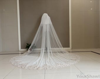 Cathedral Length Lace Bridal Veil, Double Layer White Ivory Wedding Veil, Gold Lace Trim Bridal Blusher Layer Veil