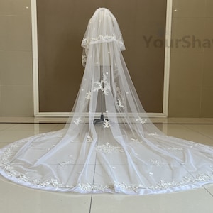 Two Layer Lace Applique Bridal Veil Luxury Cathedral Ivory White Lace Veil Vintage Wedding Flower Applique Veil