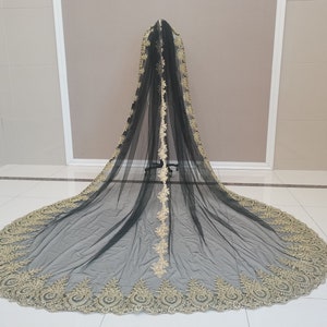 Wedding Lace Veil Gorgeous Cathedral Gold Lace Trim Veil One Layer Bridal Wedding Veil Black Tulle Veil