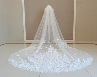 Elegant Bridal Lace Applique Veil One Layer Cathedral White Or Ivory Wedding Flower Lace Applique Veil