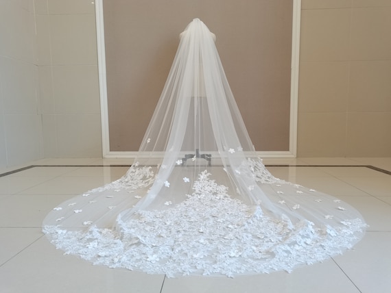 Elegant Bridal Lace Applique Veil One Layer Cathedral White 