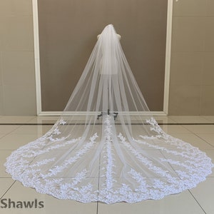 Braut Hochzeit Blumen Spitze Schleier, Vintage Weiß / Elfenbein Spitze Applikation Schleier, Kathedrale Einschichtiger Romantischer Hochzeitsschleier