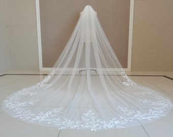 Cattedrale One Tier Wedding Veil Lace Applique Wedding Veil Lace Applique Bridal Veil White Tulle Or Ivory Wedding Veil