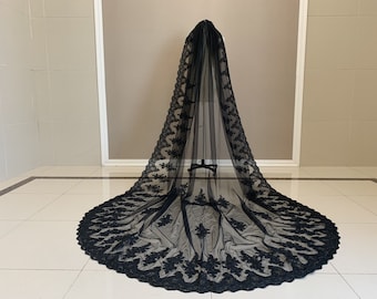 Black Lace Applique Veil Cathedral One Layer Bridal Lace Veil Vintage Wedding Lace Applique Veil Black Lace Edge