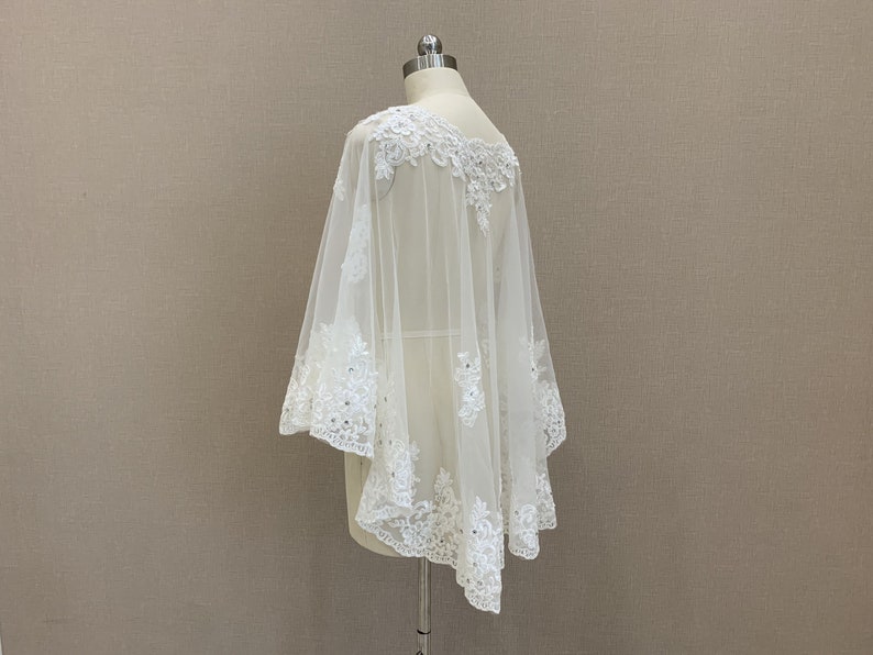 Elegant Bridal Ivory/White Lace Jacket Bolero Crystal Cape Women Applique Shrug Shawls Lace Edge Diamond Luxury Bridesmaid Bridal Shawl image 4