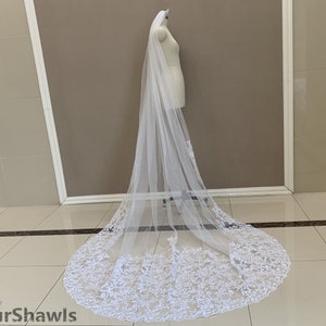 Wedding Veil Cathedral One Layer Lace Applique Veil Ivory Veil with Lace Long Bridal Tulle Veils