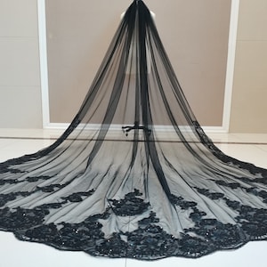 Luxurious One Layer Black Sequin Lace Veil Cathedral Bridal Veil White/Ivory Tulle Wedding Veil Lace Sequin Bridal Veil