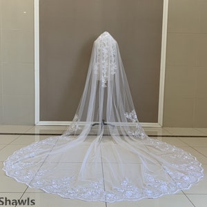Luxus Hochzeit Pailletten Spitze Schleier, Weiß / Elfenbein Einlagige Spitze Applikation Brautschleier, Kathedrale Vintage Applikation Spitze