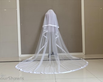 Vintage Wedding Double Layer Ribbon Edge Veil, Cathedral White Ribbon Bridal Veil Ivory 118 Inch Wedding Veil