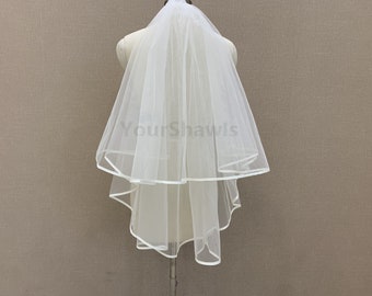 Elegant Bridal Veil, Two Layer Cropped White and Ivory Ribbon Trimmed Veil, Wedding Tulle Veil for Women, Bridal Headpiece
